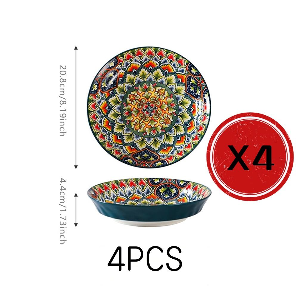 4-Piece Bohemian Ceramic Tableware Set, Hand-Drawn Ethnic Style Bowls and Plates, Creative Home Dining Essentials, Ceramic Dinnerware Sets, Non-Bone China