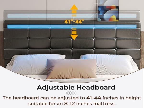 Sikaic 4 Storage Drawers LED Bed Frame With Leather Platform Adjustable Headboard Storage Drawers And Charging Station Black Bedroom Set Unique