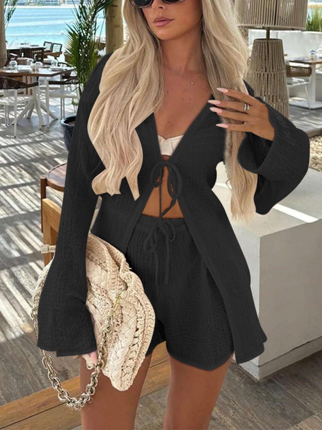 Women's Solid Color Longsleeves Fitted Tie Front Top & Shorts Set, Minimalist Basic Casual Fashion Cozy Two-piece Fashion Style Sets for Daily Outdoor Wear, Ladies Summer Clothes, Womenswear, Loungewear, Homewear, Casual Comfy Pajama Set, Cream