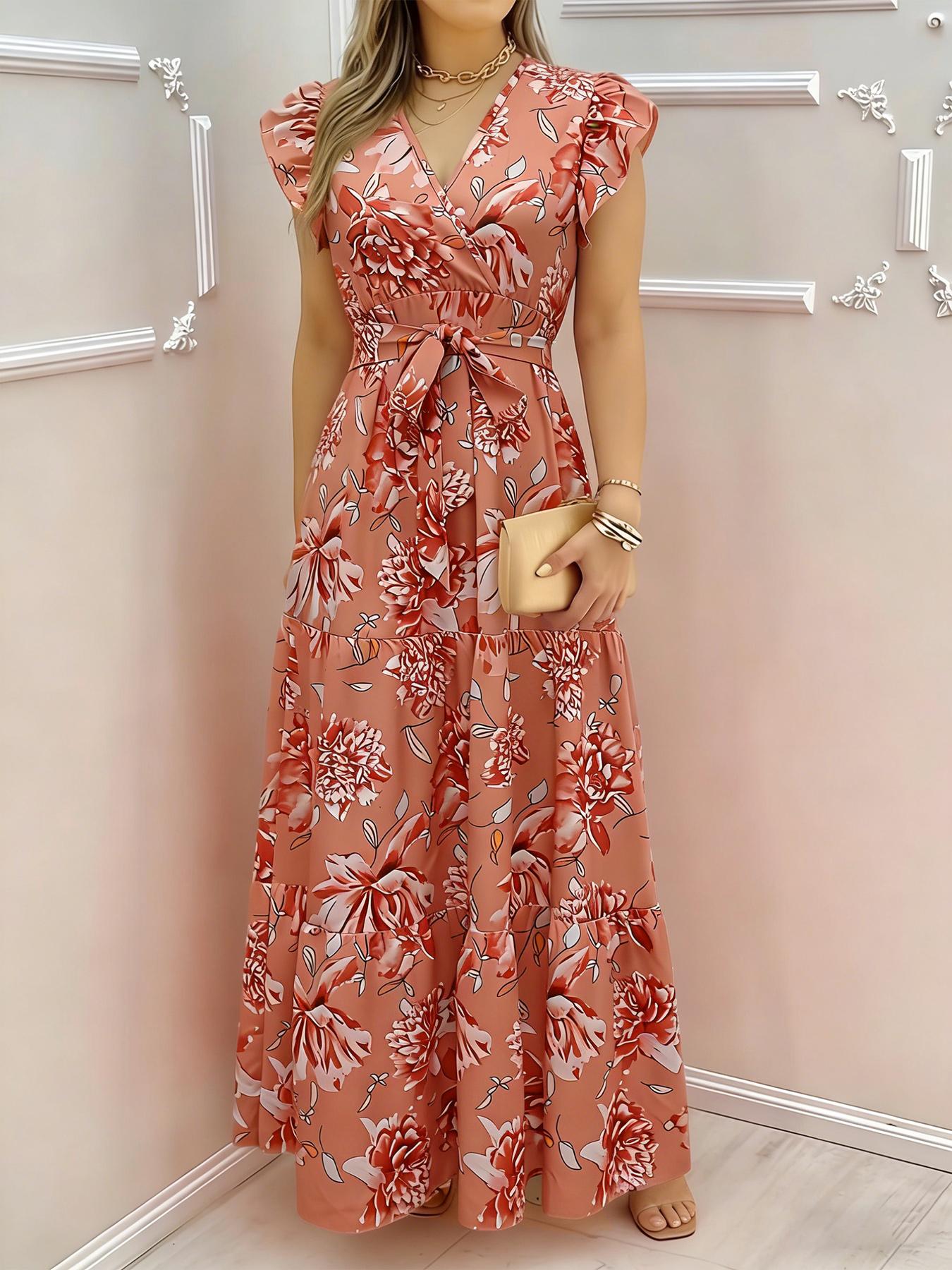 Elegant Women's Floral Print Ruffle Sleeve Waist Cinching Long Dress, Summer Ladies' Dresses, Stylish and Comfortable