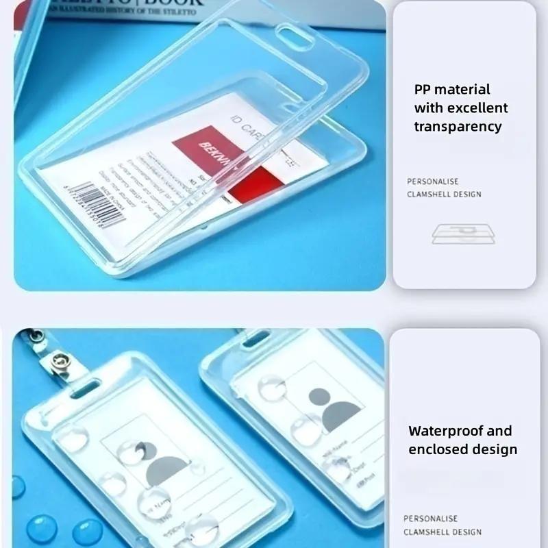 5pcs Waterproof Transparent ID Badge Box, Protect Bank Cards and Ids, Re-Sealable Zipper, Lanyard, Plastic Clip, Office School Travel