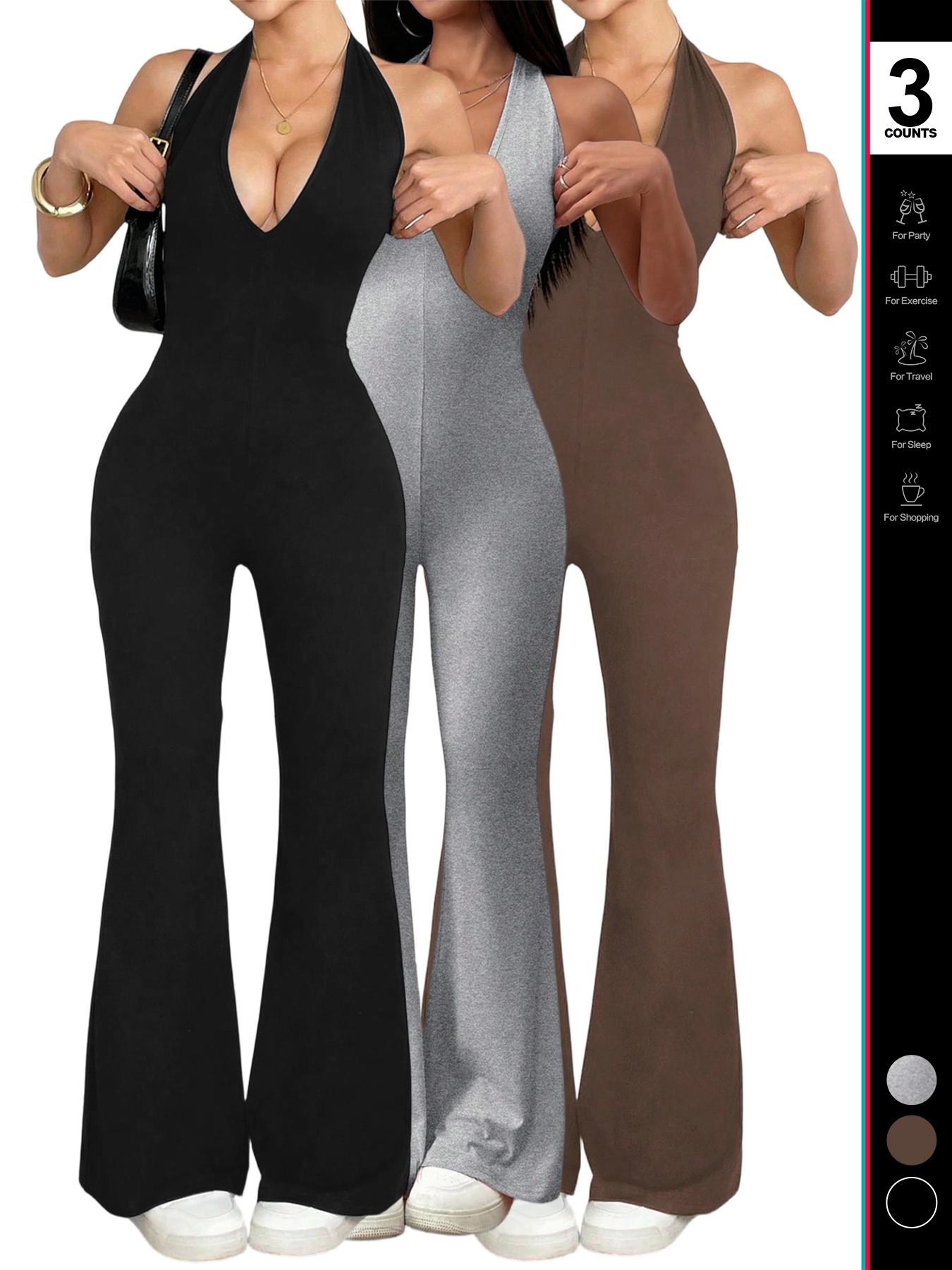 2026 Women's Sexy Halter V Neck Jumpsuit, Sleeveless Backless Design, Fitted Flare Leg Romper, Casual Style for All Seasons