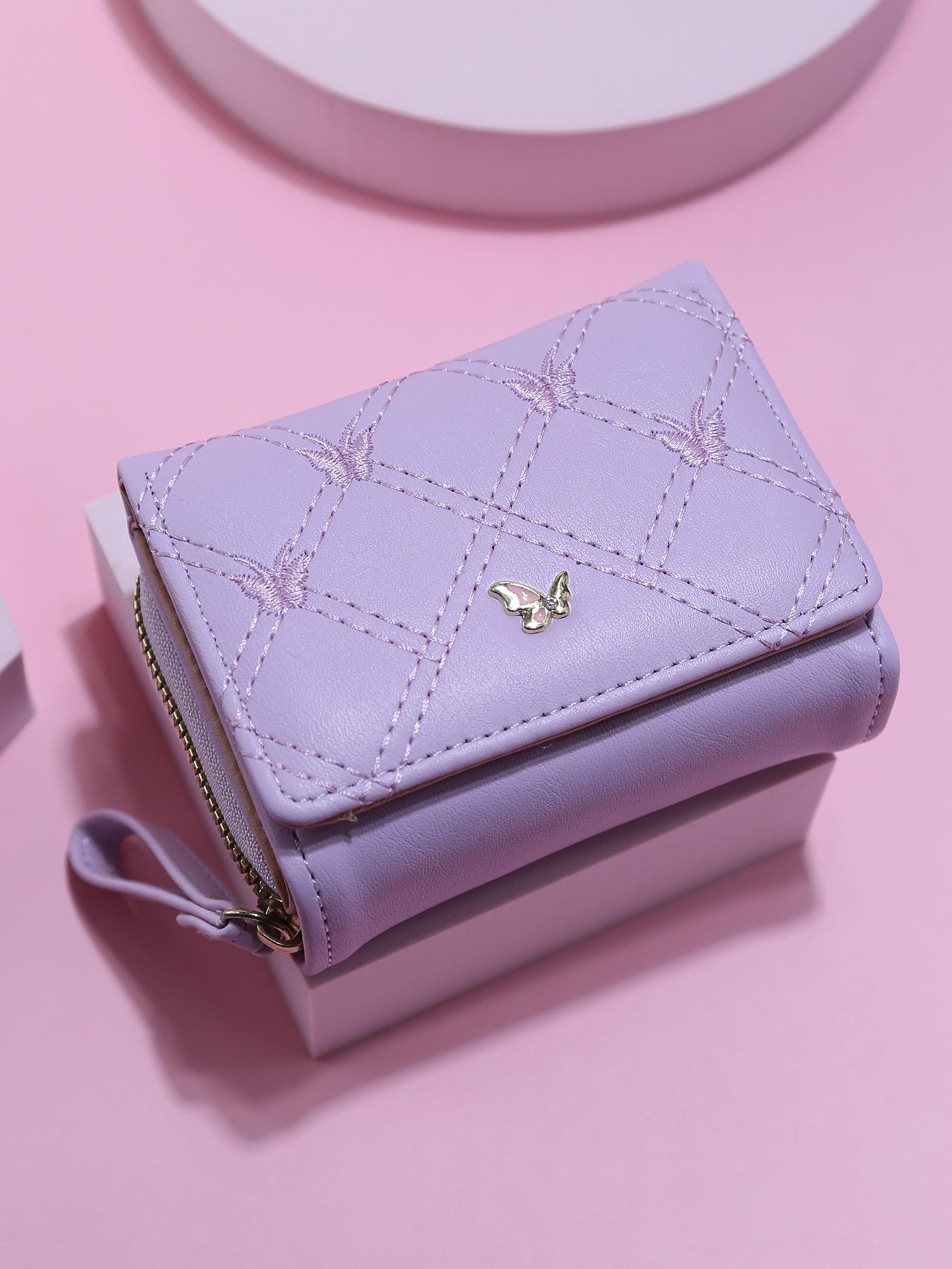 Trendy Mini Soft Leather Wallet for Women, Diamond Pattern Butterfly Metal Decoration, Multi-Card Slot ID Holder Handbag Portable Coin Purse