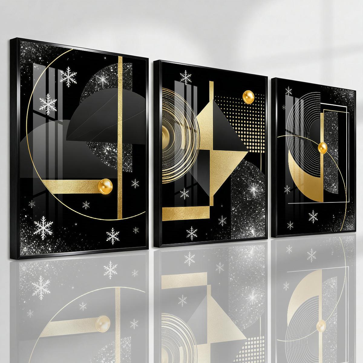 3 Counts Aluminum Alloy Framed Painting, Geometric Gold And Black Abstract Art Pictures, Home Decoration For Living Room, Bedroom, Office, Restaurant, Hallway Wall Decor, Odorless Print Artwork, Luxury Perfect Gift For Friends And Family