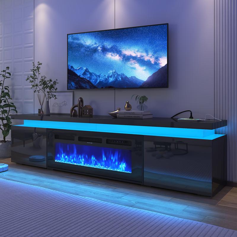 Fireplace TV Stand/LED TV Stand for 70/75/80/85/90/95 inch TV , TV Stand with 40" Electric Fireplace & Power Outlet, High Gloss Surface, 2 Storage Cabinet, Modern Style for Living Room (83 Inch/71 Inch, White/Black)