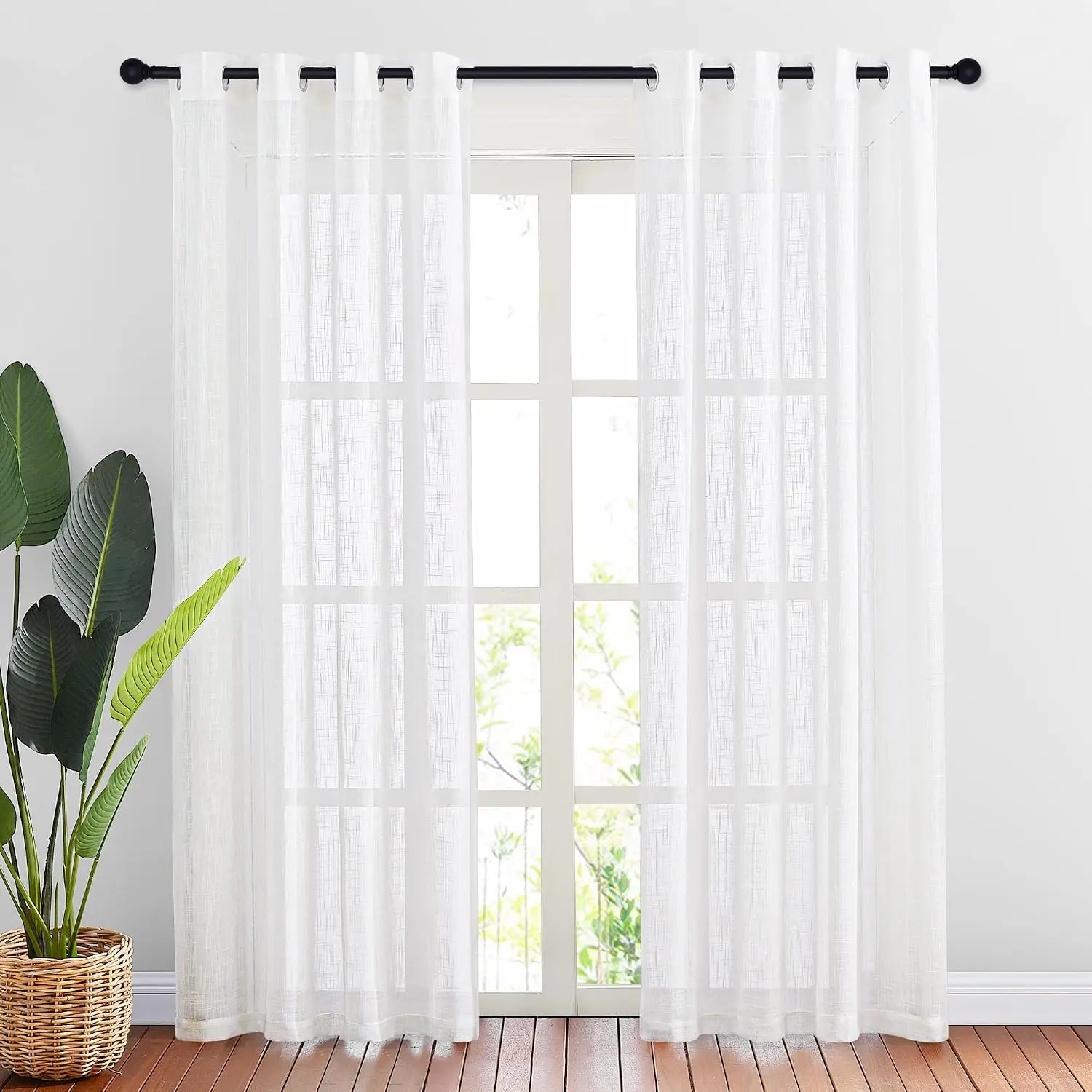 2-Piece Polyester Solid White Sheer Grommet-Top Curtains, 52in Wide x 84in Long, Stretch Window Drapes for Bedrooms/Living Rooms, Privacy & Light Control, 2 Piece Sets, Bedrooms/Live