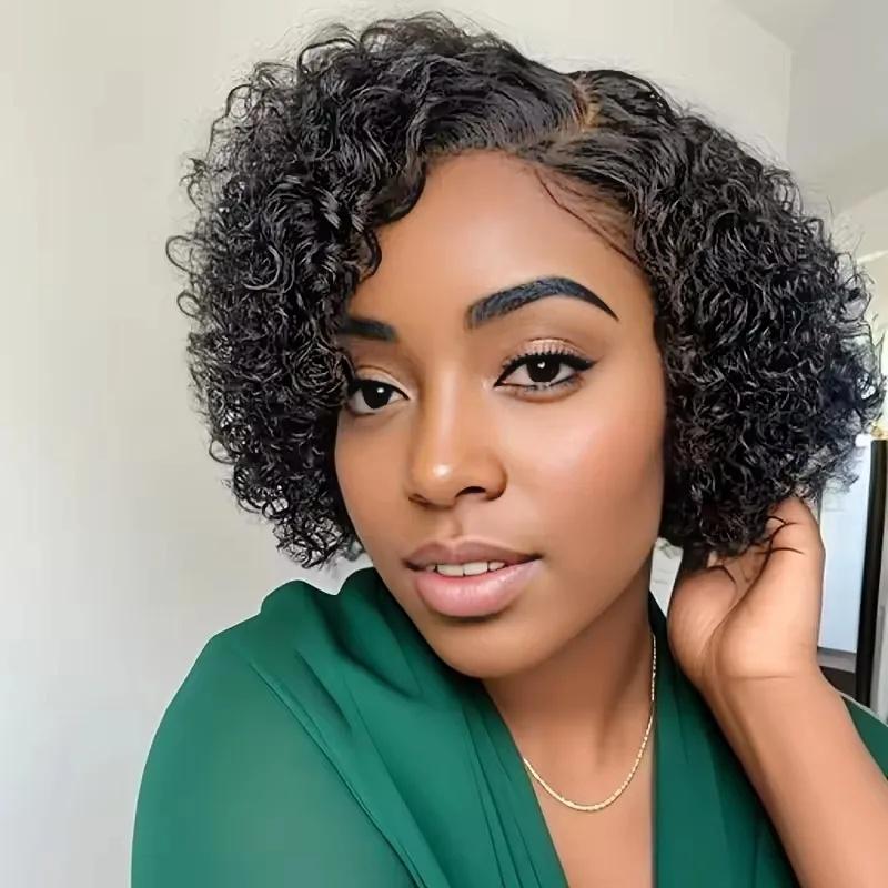 Short Bob Wig Pixie Cut Curly Human Hair Wigs For Women Black Color 13x1 T part lace closure Deep Wave Lace Wig Preplucked Hair