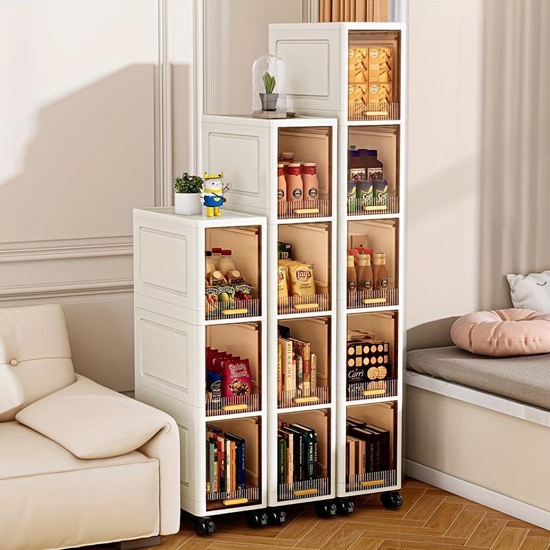 This is a multi-functional storage cabinet, available in 3, 4, or 5 tiers. It is designed to be dust-proof and foldable. Equipped with pull-out shelves and covered storage boxes, it is ideal for organizing snacks, clothes, and books.
