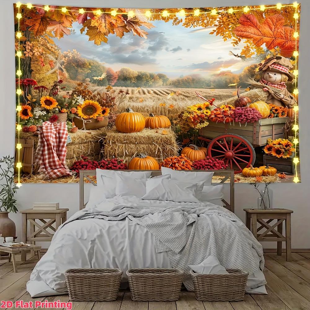 2D Flat, 2D Flat Banner - Autumn Thanksgiving Photo Backdrop with Vibrant Pumpkin Harvest Scene, Featuring Wheat Fields and Sunflowers with Cartoon Gnomes, Polyester Material, Multiple Sizes Availab