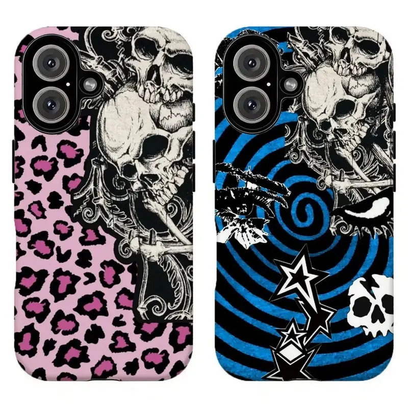 FL-Pink Leopard Print Gothic Skull Custom Cellphone Case - Grunge Emo Y2K Edgy Aesthetic, Durable Protective Casing with Full Protection for iPhone 11-18 Air Pro Max & Samsung S21-S26, Fan Gift