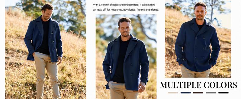 Runcati Men's Classic Pea Coat Notched Collar Double Breasted Slim Fit Winter Warm Heavyweight Trench Coats