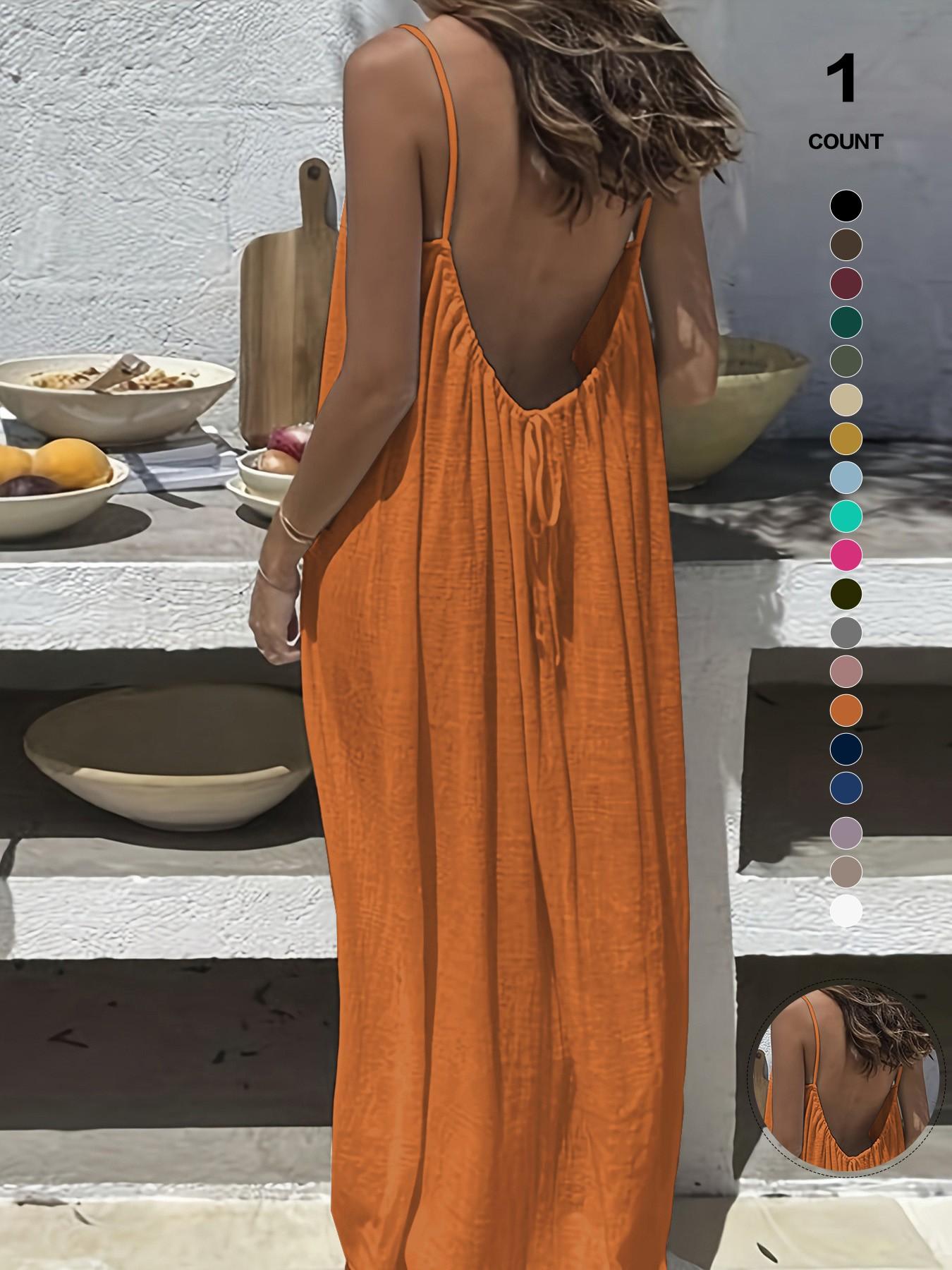 Boho Style Backless Maxi Dress, Spaghetti Strap Low Back Design, Flowy A-Line Cut, Ideal for Spring & Fall Seasons