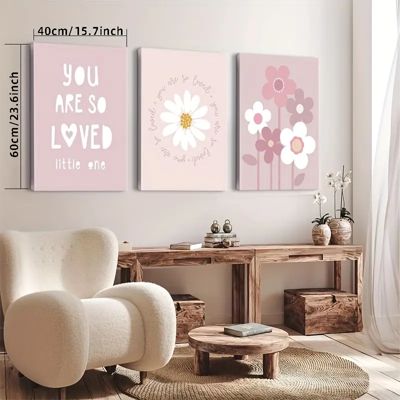 3-Piece Minimalist Daisy Wall Art, Bohemian Floral Wall Decor, Pink Wildflower Decorative Painting, Fashion-Themed Framed Artwork