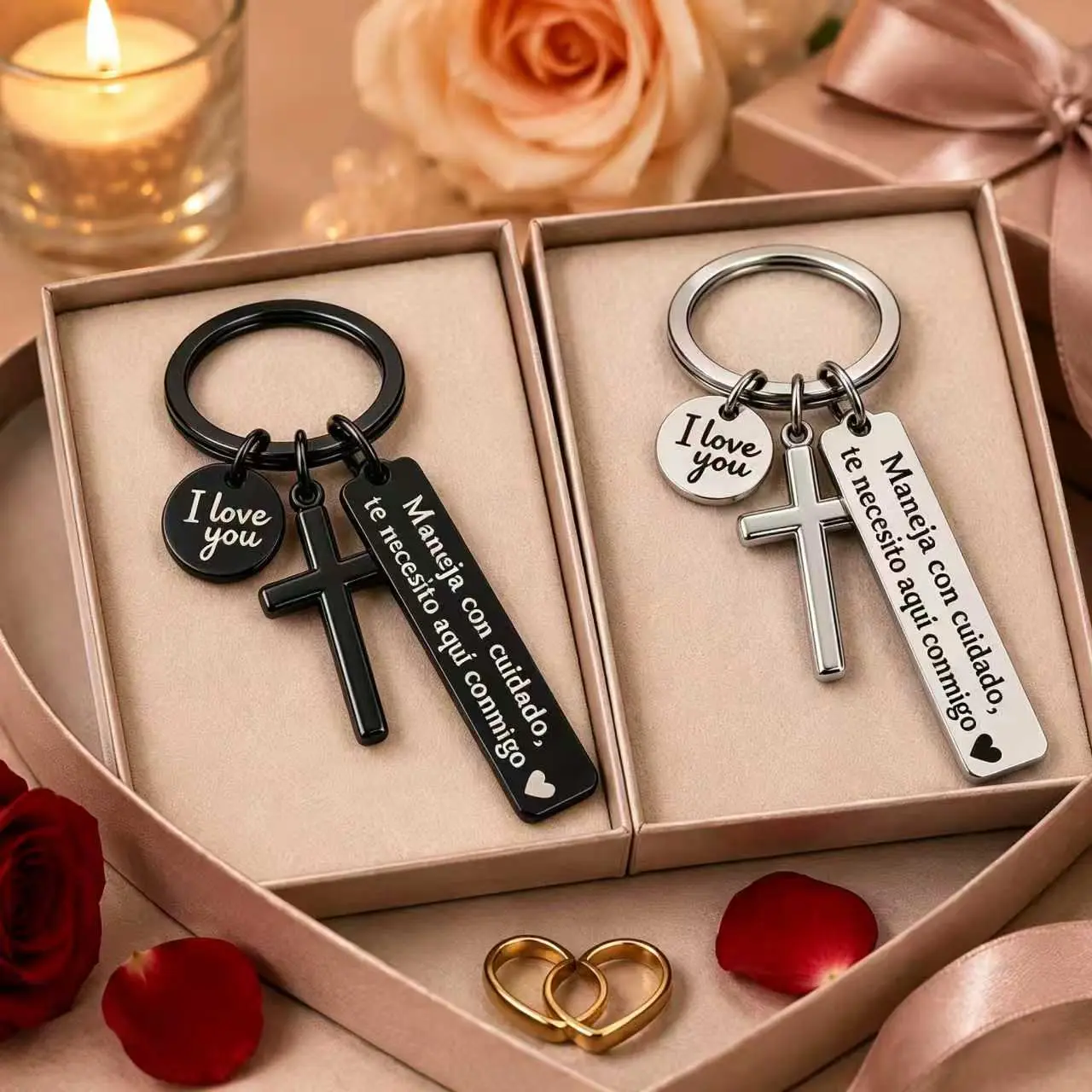 Stainless Steel Spanish Drive Safe Keychain with Cross, "I Love You" Charm  "Maneja Con Cuidado Te Necesito Aquí Conmigo" Message, Romantic Religious Gift for Him (Father's Day, Boyfriend Birthday, Anniversary) & GF Gift, Father's Day Gifts