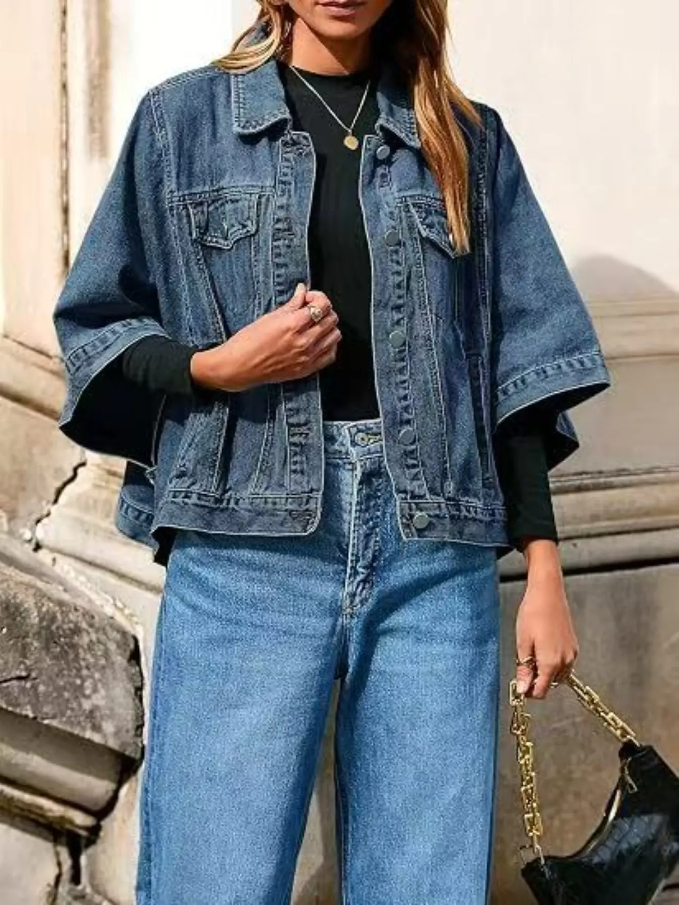 Women's Oversized Cape Denim Jacket, Batwing Short Sleeve Cropped Jean Coat, Vintage Button Down Lapel Outerwear with Pockets, Casual Streetwear