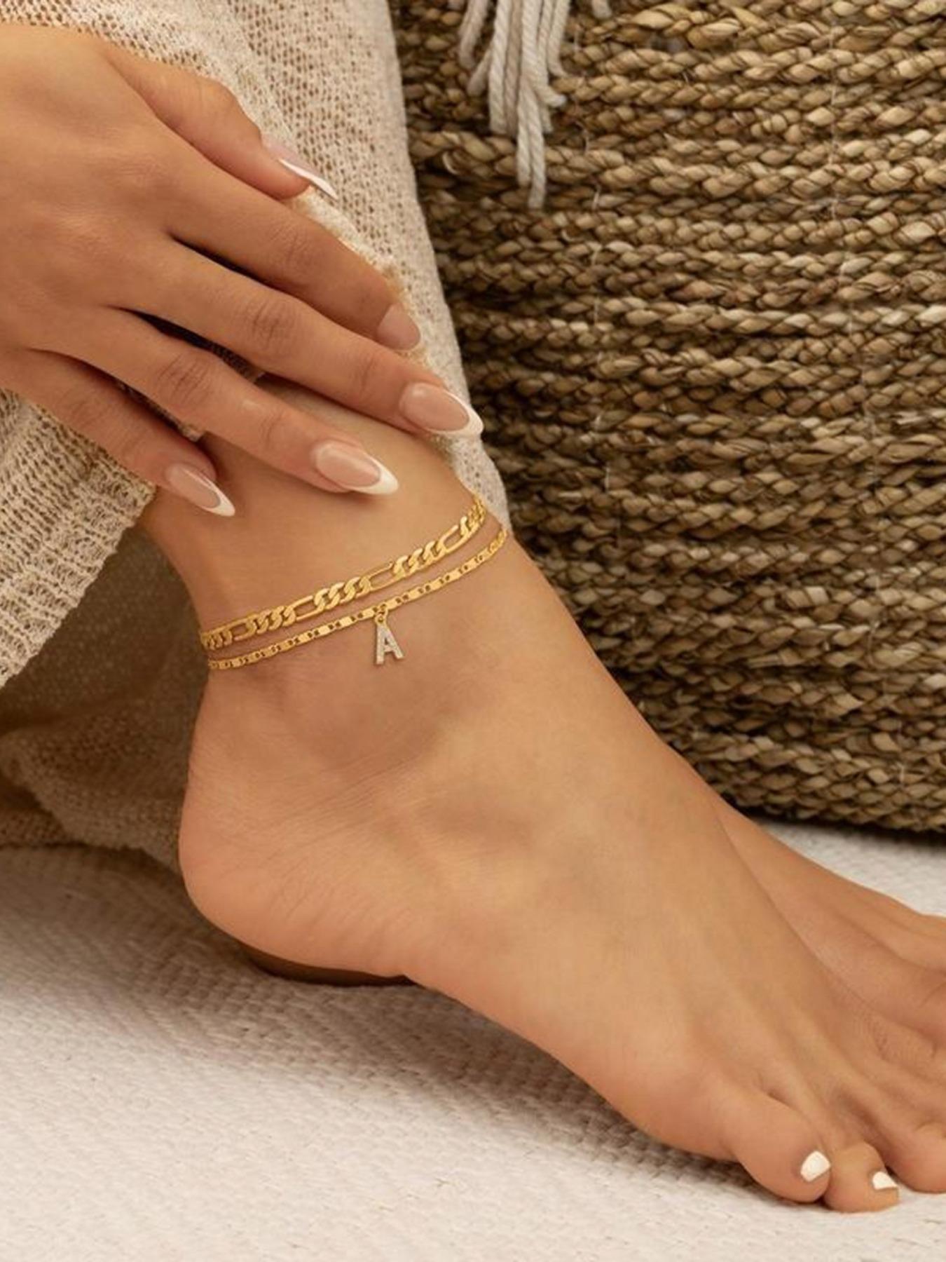 Personalized Layered Anklets for Women | Cute Gold Initial Ankle Bracelet Set with Adjustable Extender | Dainty Sparkle Letter Charm | Trendy Boho & Beach Style Foot Jewelry | Cute Stocking Stuffer & Best Friend Gift for 2026