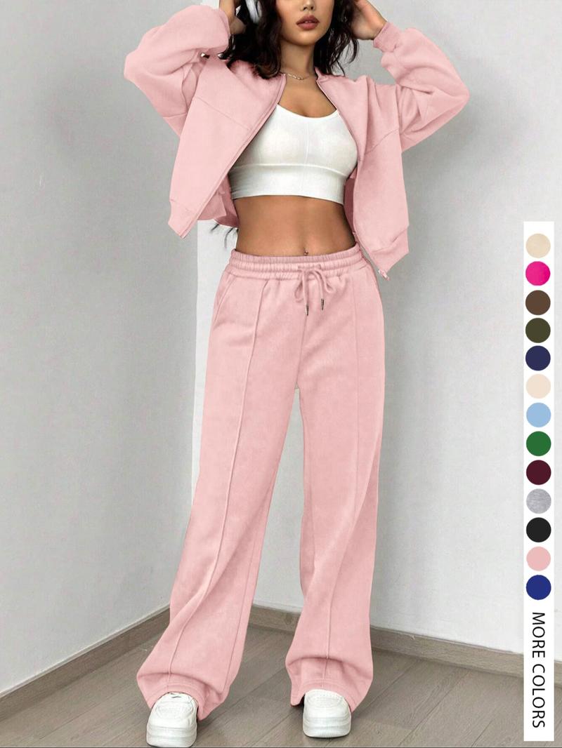 【LovelyWholesale】Women's Casual Striped Long Sleeve Zipper Jacket and Pants Set, Airport Wear, Fitted Natural Waist,Ladies Clothes for All Seasons