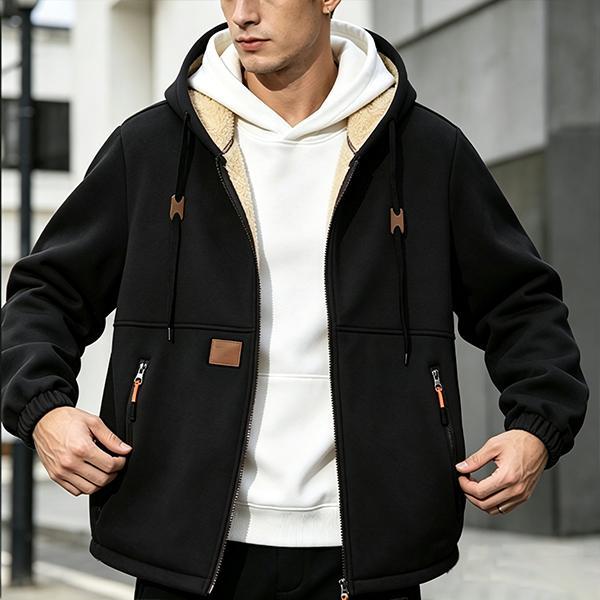 Men's Hooded Fleece Cardigan, Long‑Sleeve Plain Sweatshirt, Thick Warm Loose‑Fit Tops with Drawstring & Zipper Pockets, Comfortable Casual Outerwear for Men, Ideal for Autumn Winter Daily Wear