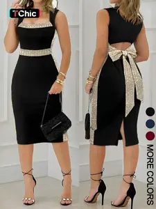 Women's Gold Sequin Square Neck Sleeveless Dress, Back Cutout Large Bow Bodycon Split Midi Skirt, Elegant Cocktail Party Gown