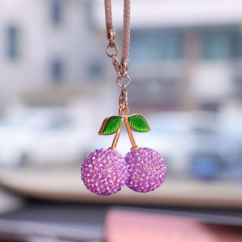 Bling Rhinestone Strawberry Cherry Car Hanging Ornament Sparkling Crystal Fruit Rearview Mirror Charm Aesthetic Car Interior Decor Accessories for Women Girls