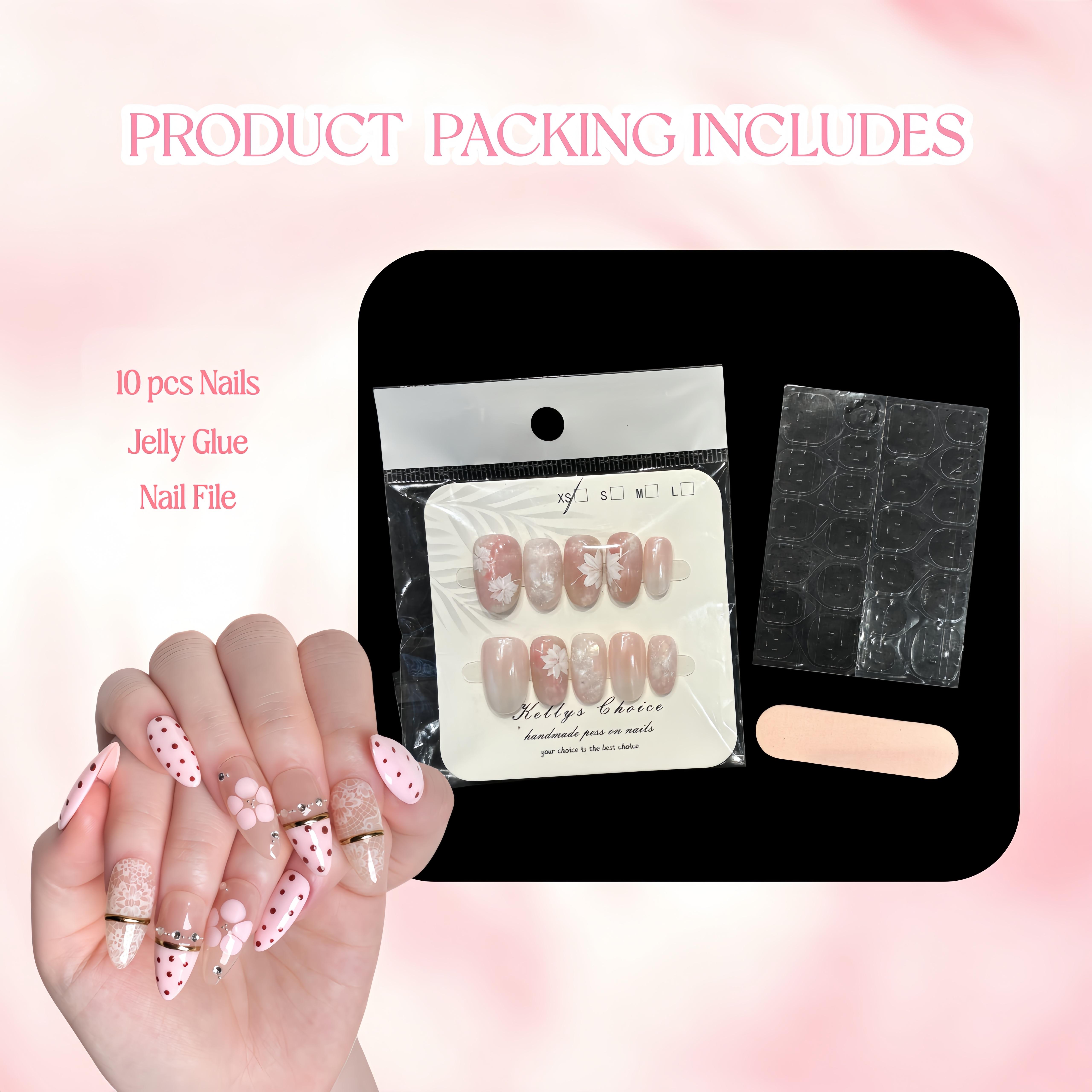 Blush Leopard Press On Nails, Medium Almond, 10pcs Handmade glossy nails with luxury designs including sheer blush nude base, coffee brown tip, polka dot print, gold chain pink rhinestone ornaments, reusable fake nails, Handmade Press Ons