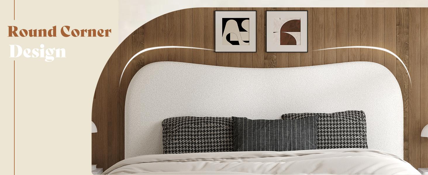 VanAcc Boucle Bed Frames, Upholstered Platform Bed with Curved Shaped Headboard, Soft Rounded Corners, Noise Free, Easy Assembly