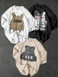 Men's Tactical Bulletproof Vest Print T-Shirt, 3-Pack Loose Short Sleeve, Casual Streetwear, American Style, Trendy