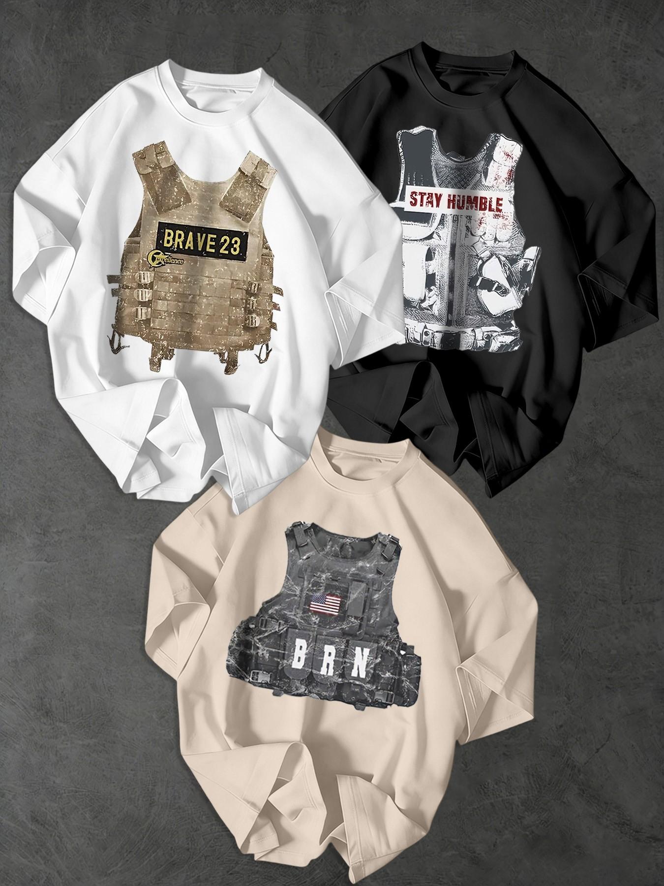 Men's Tactical Bulletproof Vest Print T-Shirt, 3-Pack Loose Short Sleeve, Casual Streetwear, American Style, Trendy