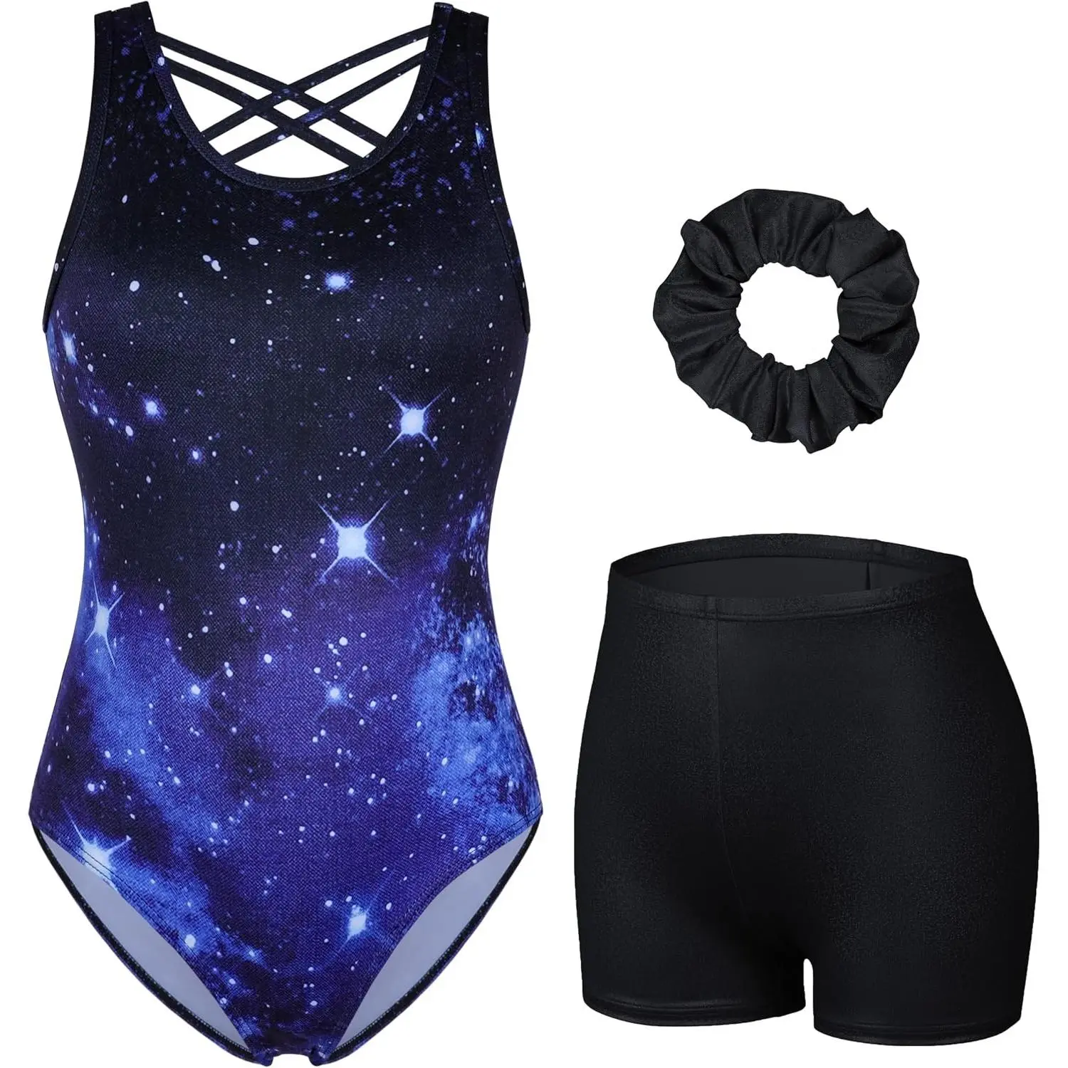 Gymnastics Leotards for Girls Ballet Dance Outfits Activewear | Matching Shorts & Scrunchie, Not See-Through, Sleeveless, Cross Back, Printed, for Tumbling Practice