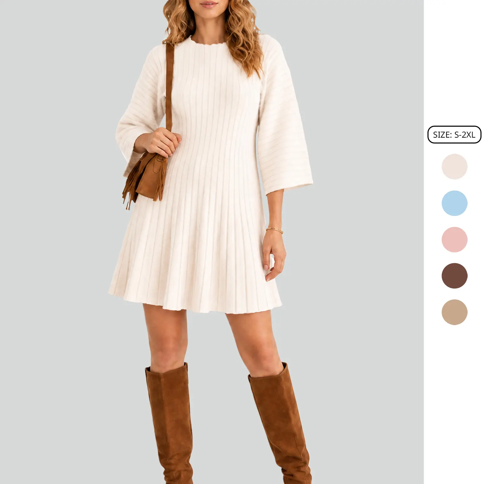 Imily Bela Womens Vertical Rib Striped Knit Dress Semi High Neck 3/4 Sleeve Fit Flare Casual Sweater Dress Casual Elegant A Line Dresses