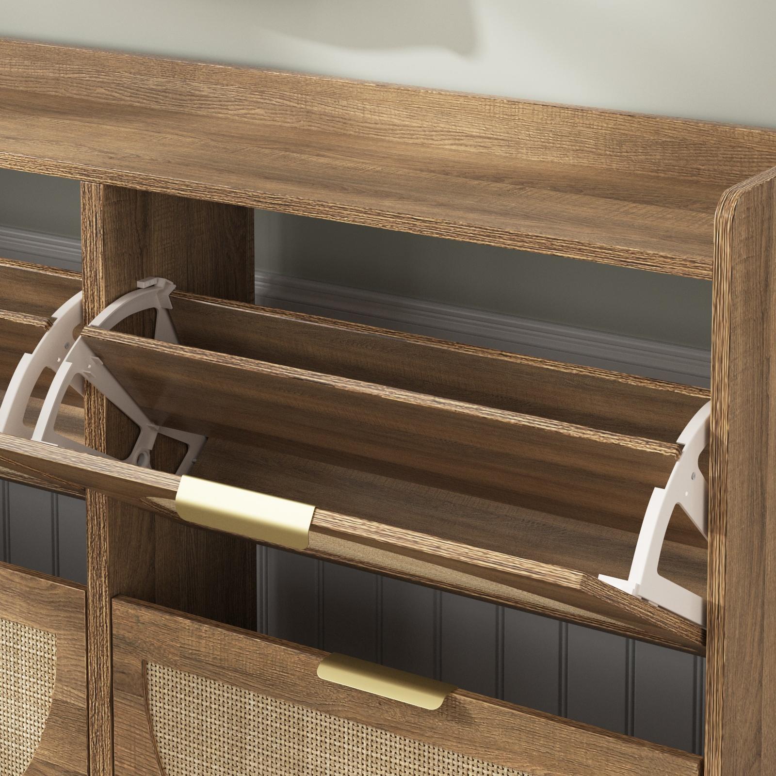 Vabches Large Rattan Shoe Storage Cabinet with 4 Flip Drawers, Freestanding Shoe Organizer with Metal Legs for Entryway, Hidden Silver Handles, Narrow Shoe Rack Cabinet