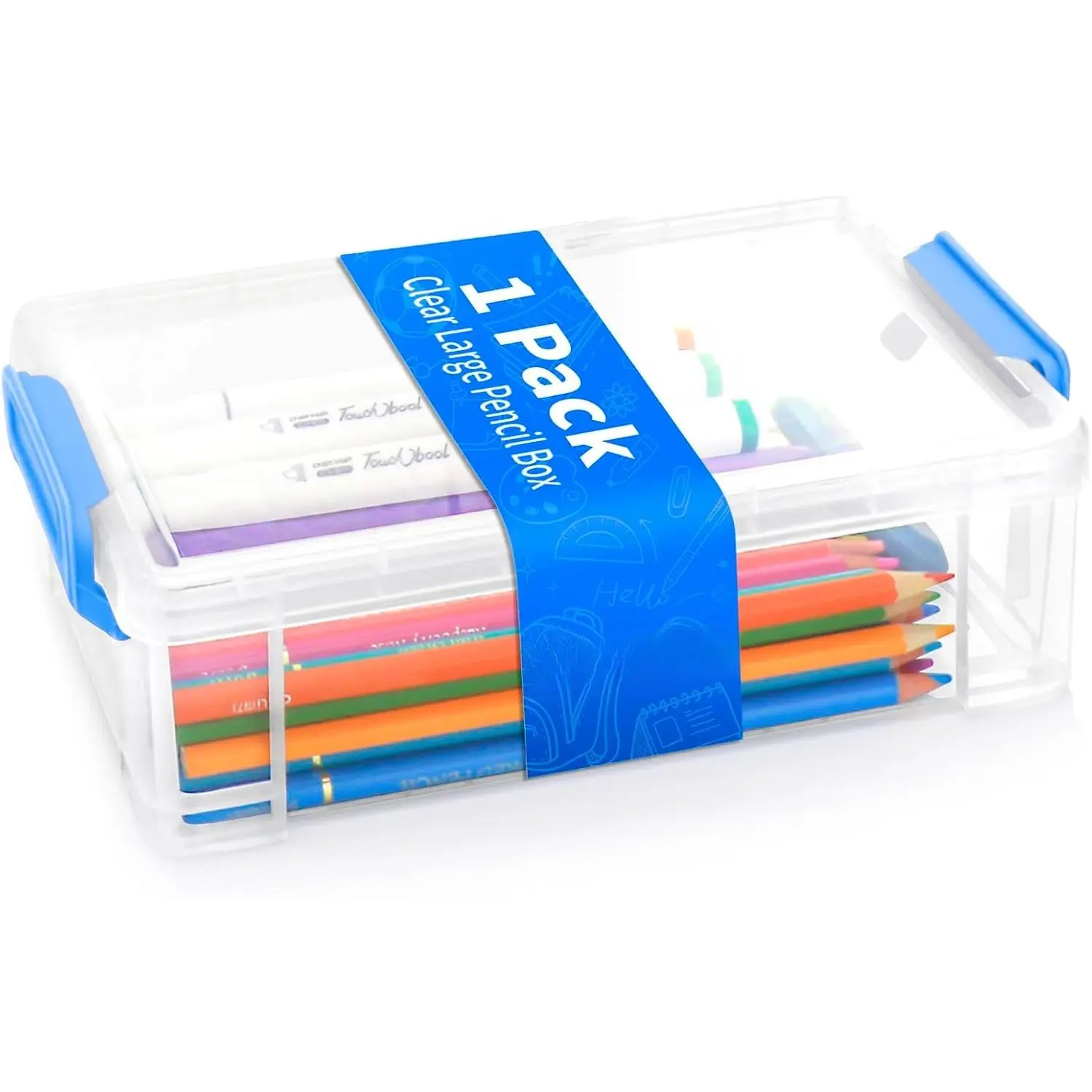 Large Plastic Clear  Pencil Box Case For Crayons, Markers, Art Supplies | Hard Pen Case Box With Secure Lid,Stackable  Boy Girls Storage Organizer Box For School Classroom Office,Blue