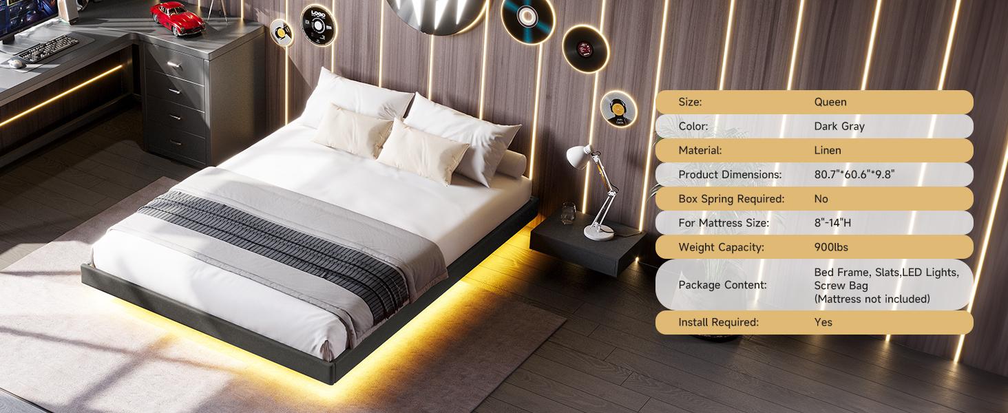 Floating Bed Frame Twin/Full/Queen Size with RGB LED Lights and Type-C&USB Ports, Linen Upholstered Platform Bed with Wood Slats Support, No Box Spring Needed,Noise-Free,Easy Assembly,Dark Gray