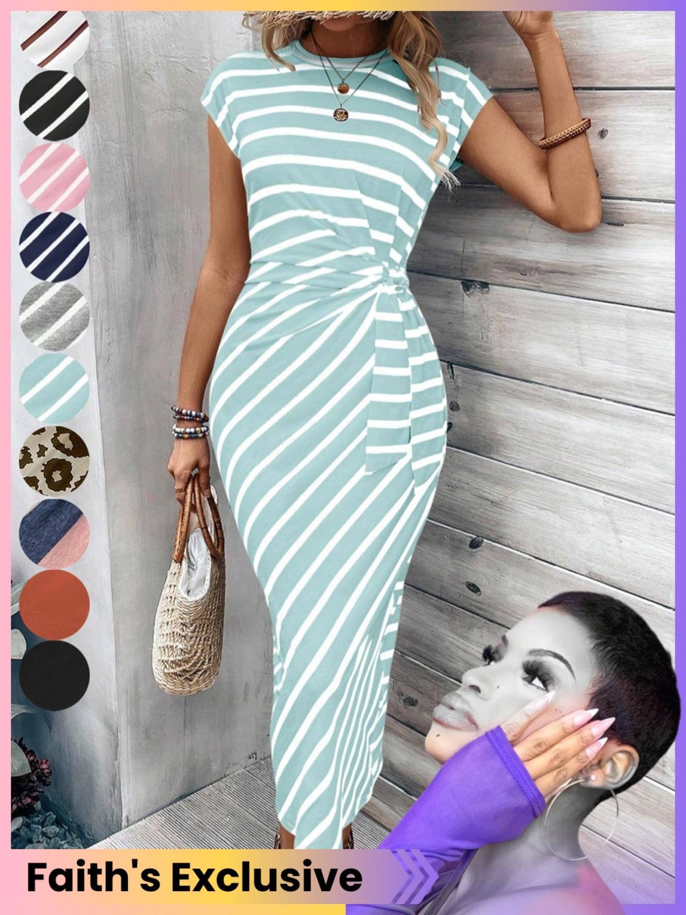Women's Striped Print Knot Bodycon Dress, Summer Outfits 2024, Elegant Drop Shoulder Short Sleeve Long Dress for Summer, Sundress Maxi Dress, Frenchy Style Ladies Clothes for Beach Holiday
