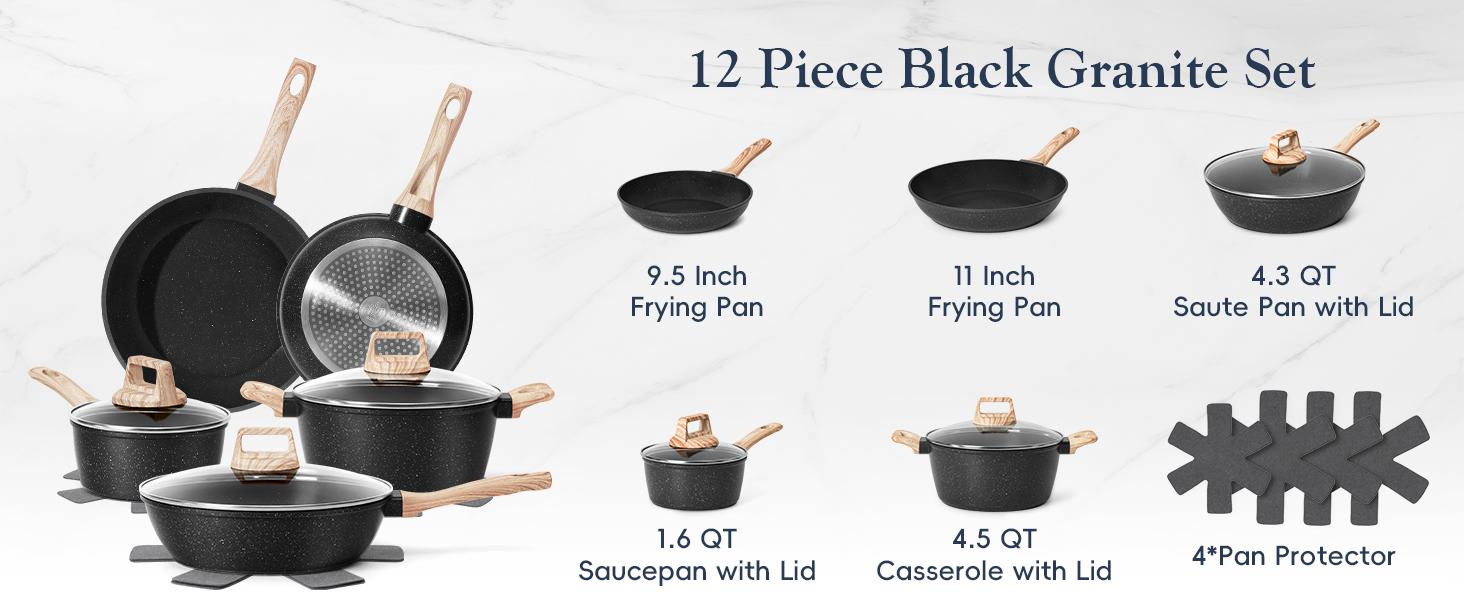 SODAY 12 Pcs Pots and Pans Set Non Stick Kitchen Cookware Sets Nonstick Induction Cookware Black Granite Cooking Set with Frying Pans, Saucepans, Silicone Shovel Spoon & Tongs (NO PFOS, PFOA) dealsforyoudays cookware