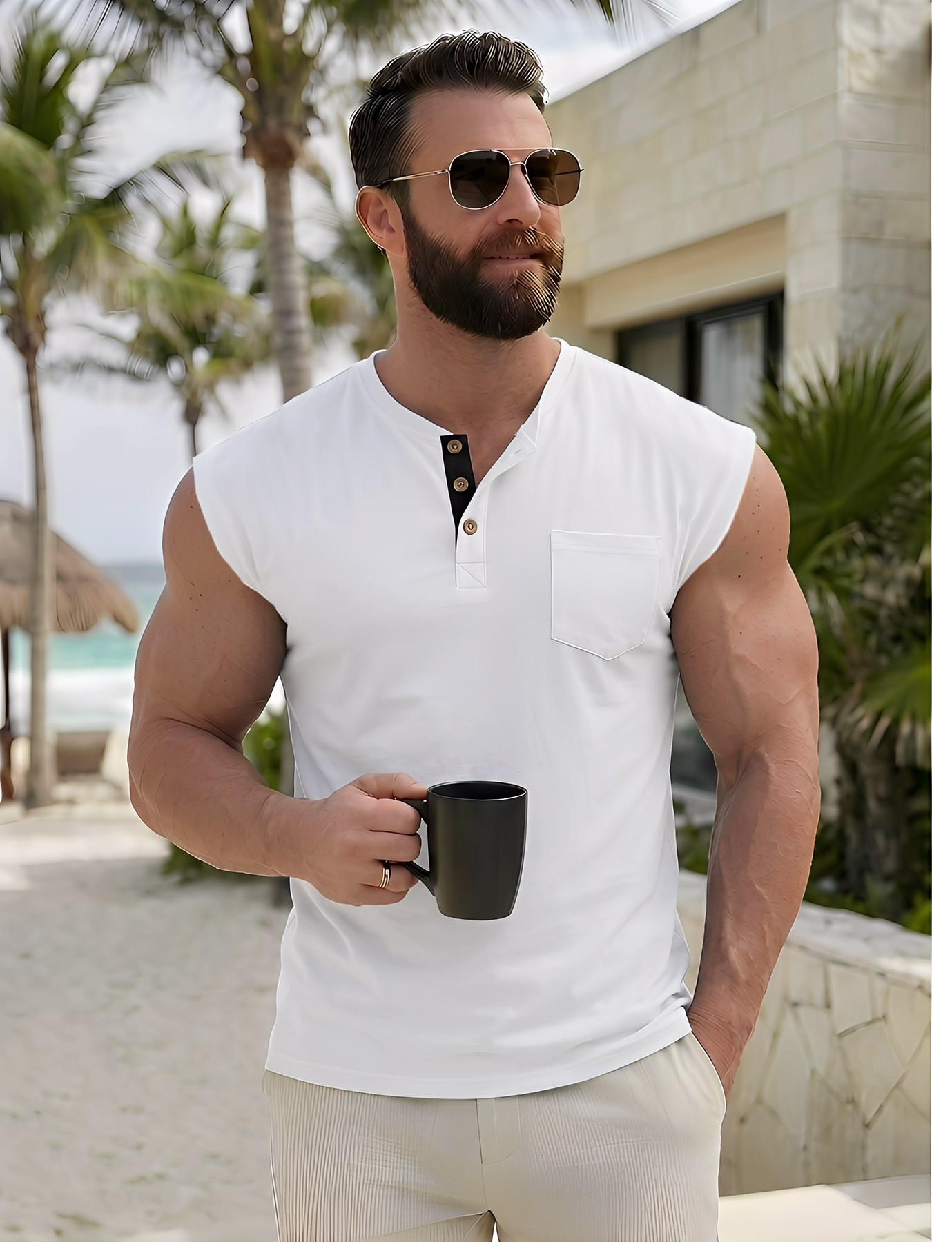 Men's Sleeveless Henley Knit Tank Top, Pocketed Casual Button Decor Muscle Shirt, Summer Beach Sports Vest, Comfortable and Stylish