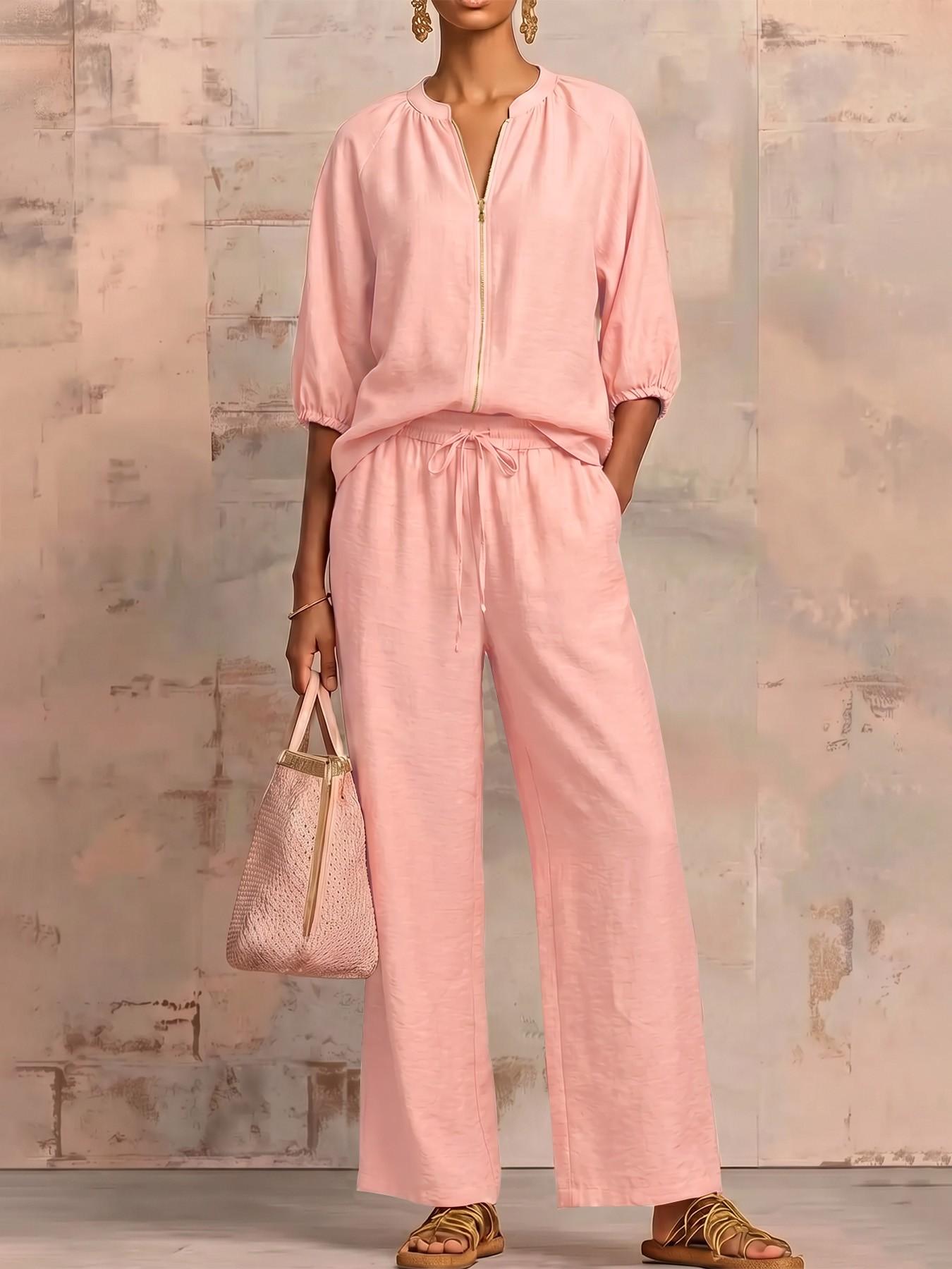 2026 Summer French Stand Collar Zipper Linen Feel Loungewear Set, Spring Fall Three-Quarter Sleeve Top + High Waist Wide Leg  Pants Casual