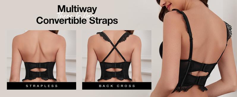 Wingslove Fashion Women's Strapless Bra Longline Lace Bustier Corset Push Up Boned Underwire Sexy Sheer Mesh Lace Trim Low Back Bra