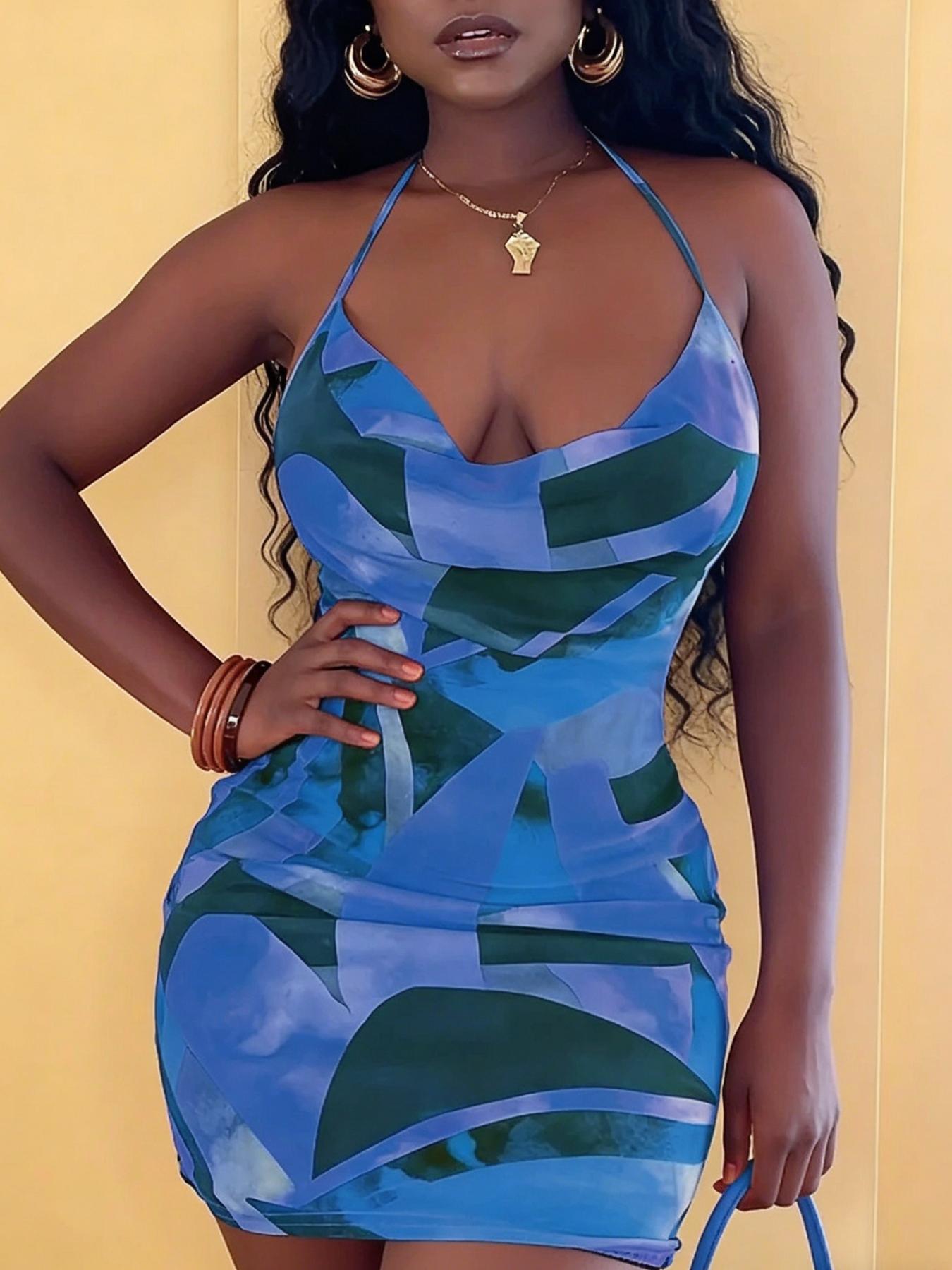 A set of women's casual contrasting printed neck hanging dress with a spicy girl style deep V slim fit hip hugging short skirt for vacation and dating, suitable for summer, suitable for home, indoor, and outdoor wear