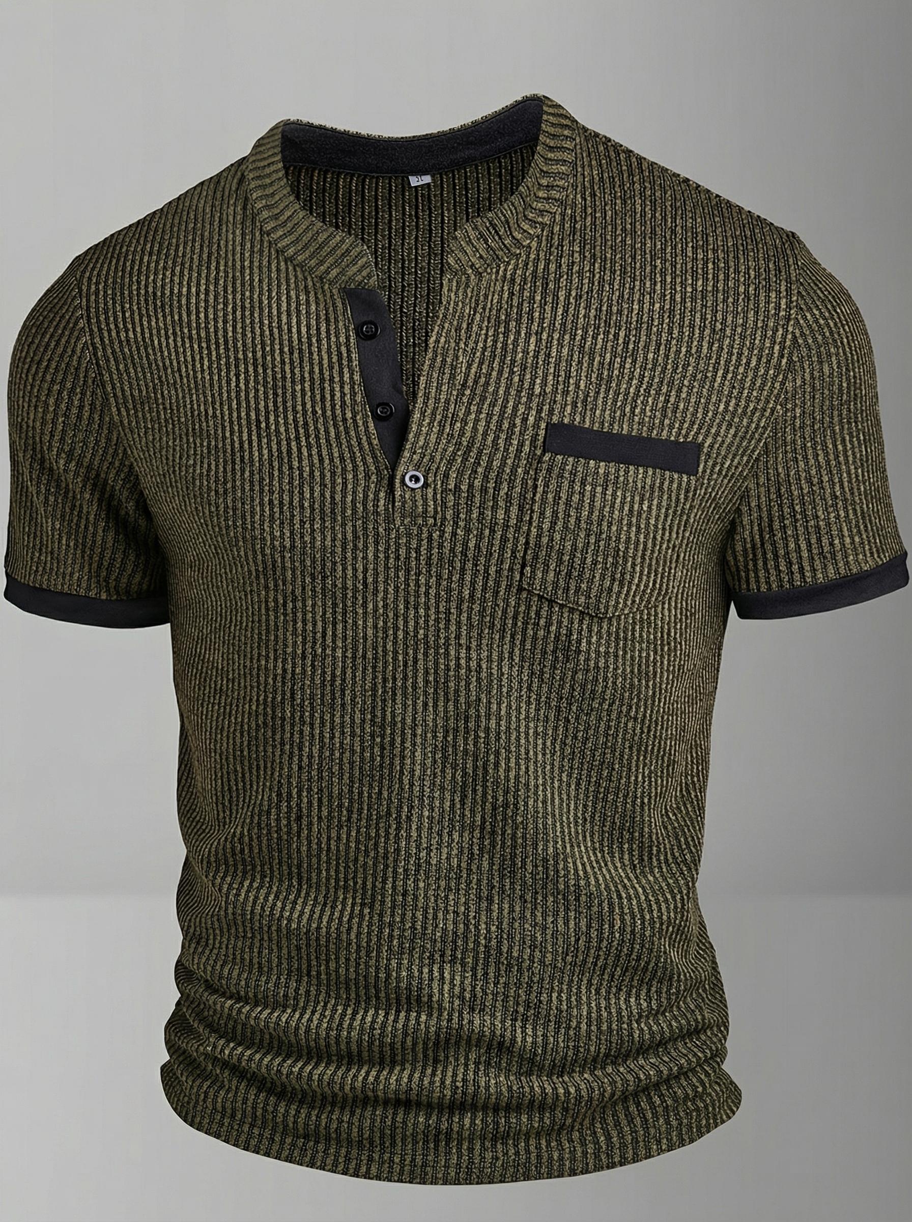 Spring New Men's Casual Fashion Textured Two-Tone Striped Henry Shirt, Short Sleeve, Small Stand Collar, Polyester Fiber