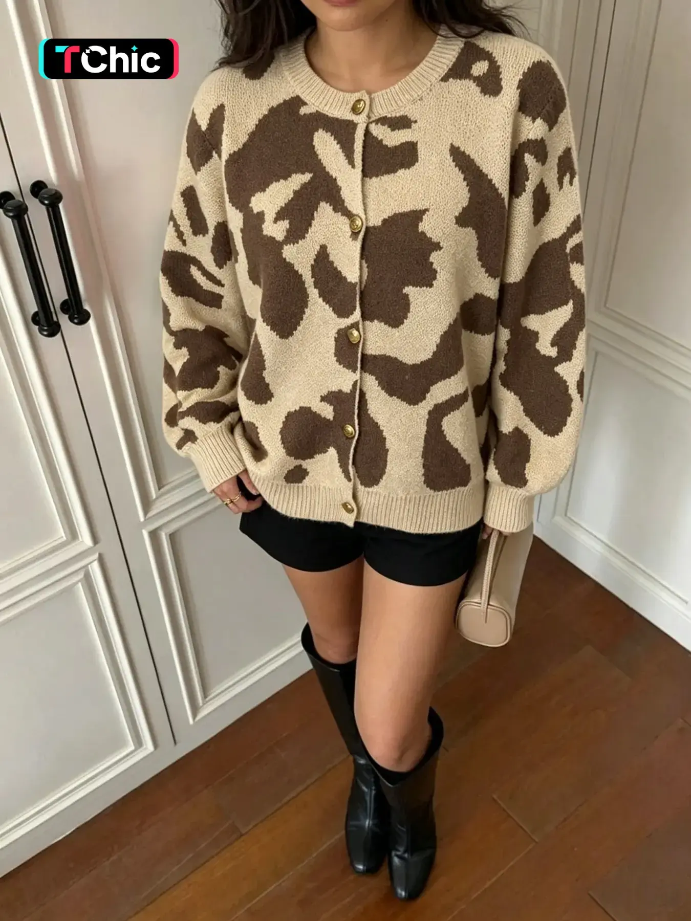 Elegant Leopard Print Cardigan with Metal Buttons, Casual Loose-Fit Knitted Sweater Coat for Fall & Winter Fashion