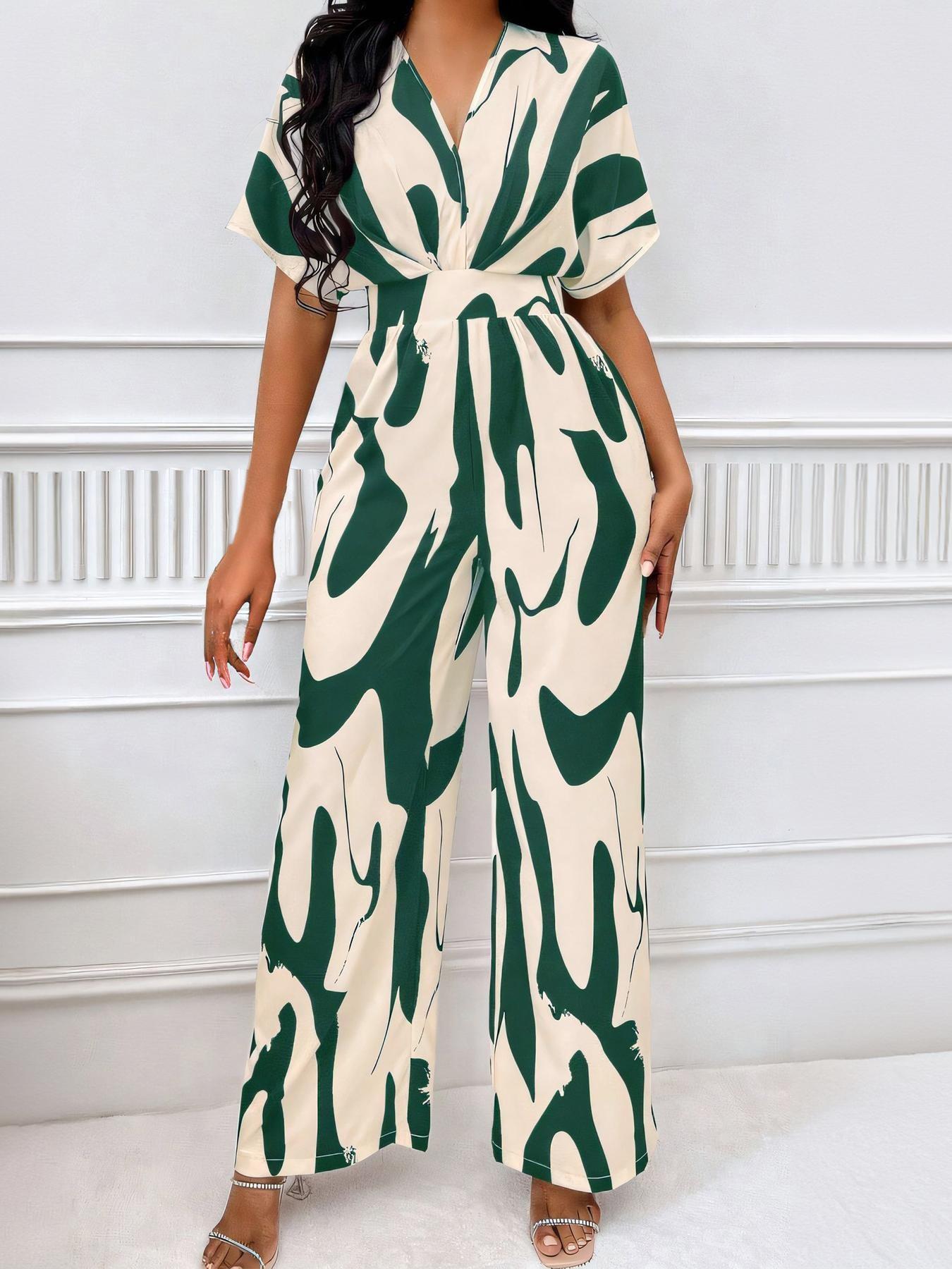 Women's Classy Casual Fashion All Over Print Shirred Wide Leg Flowy Jumpsuit, Sleek Soft Batwing Sleeve Jumpsuit for Spring & Summer, Lightweight Pill-Resistant Womenswear