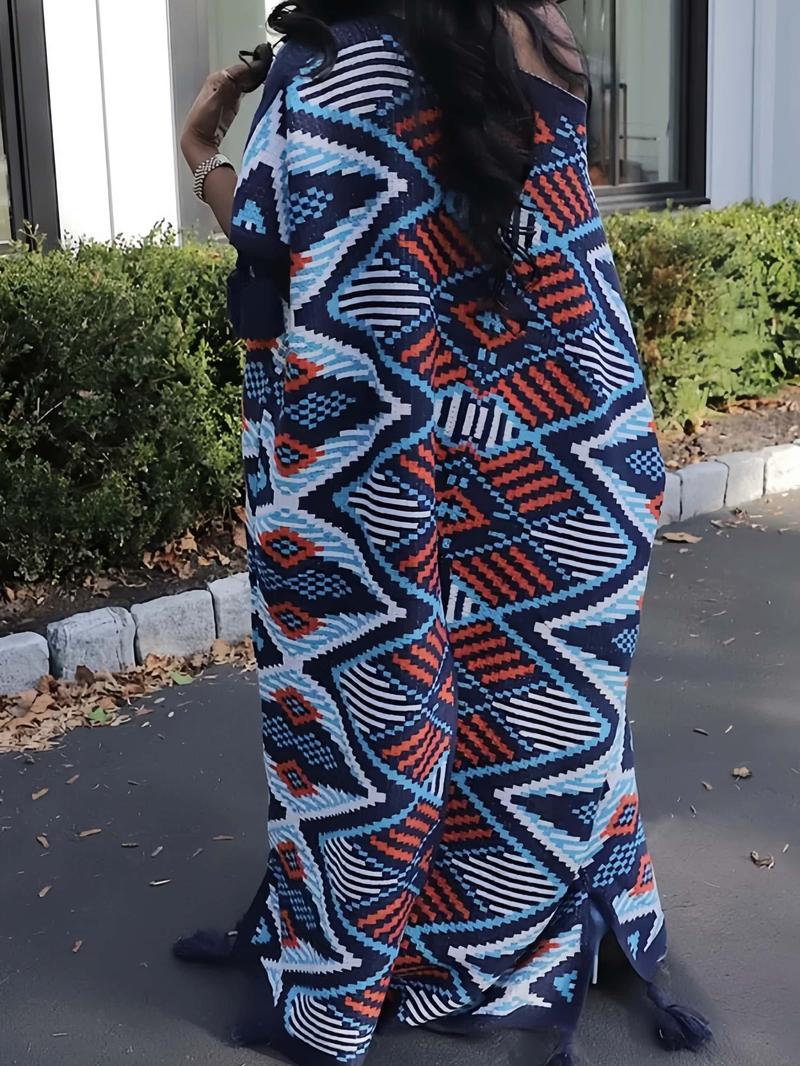 Long Bohemian Ethnic Style Shawl Sweater Cape Knit Top Outerwear, Travel, Women's Fashionable Wrap Cardigan