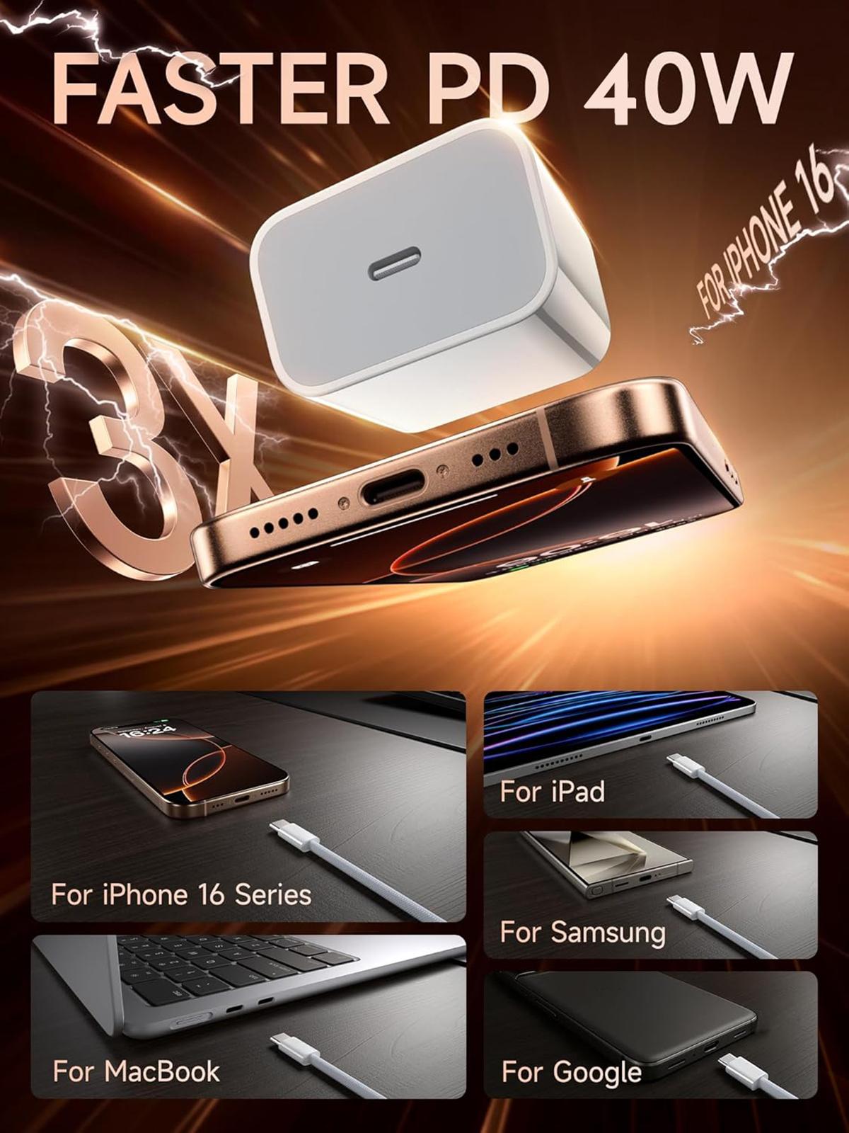 2-Pack 40W PD USB C Fast Charger with 6FT USB C to Type C Data Cable for iPhone 17/17 Air/16/15, AirPods, iPad, Super Fast Charging Adapter & Cable Set Cellphone Electronic Accessories