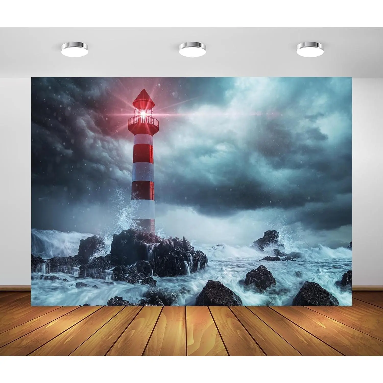 1pc, Fabric Lighthouse Backdrop Dark Cloudy Sky Ocean Storm Seascape Waves Searchlight Lighthouse Background Lighthouse Theme Party Decorations Nautical Photo Studio Props