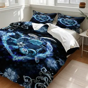 3PCS Black Blue Hawaiian Sea Turtle Duvet Cover Set (1 Duvet Cover + 1-2 Pillowcases), Hibiscus Floral Ocean Turtle Print, Skin-Friendly Soft Comfy All Seasons Summer Bedding Set, Perfect for Ocean Themed Bedroom Beach House & Sea Lovers