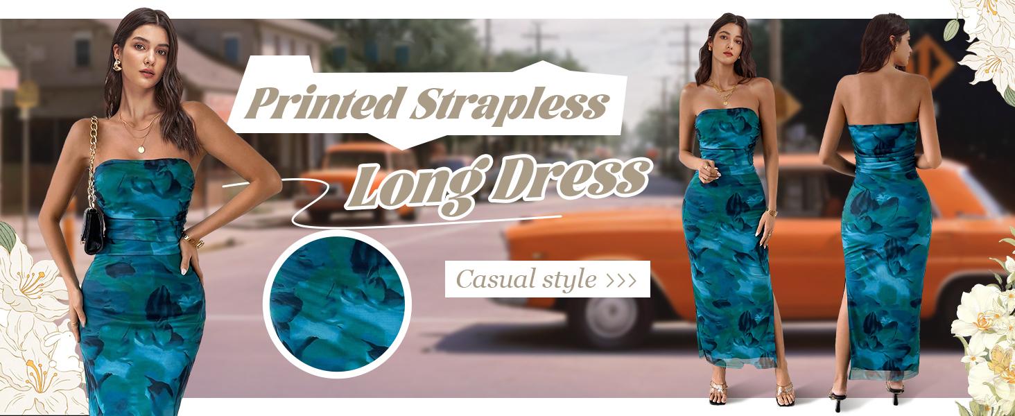 Spring Mesh Floral Strapless Bodycon Maxi Dress Ruched Tube Long Dresses with Slit