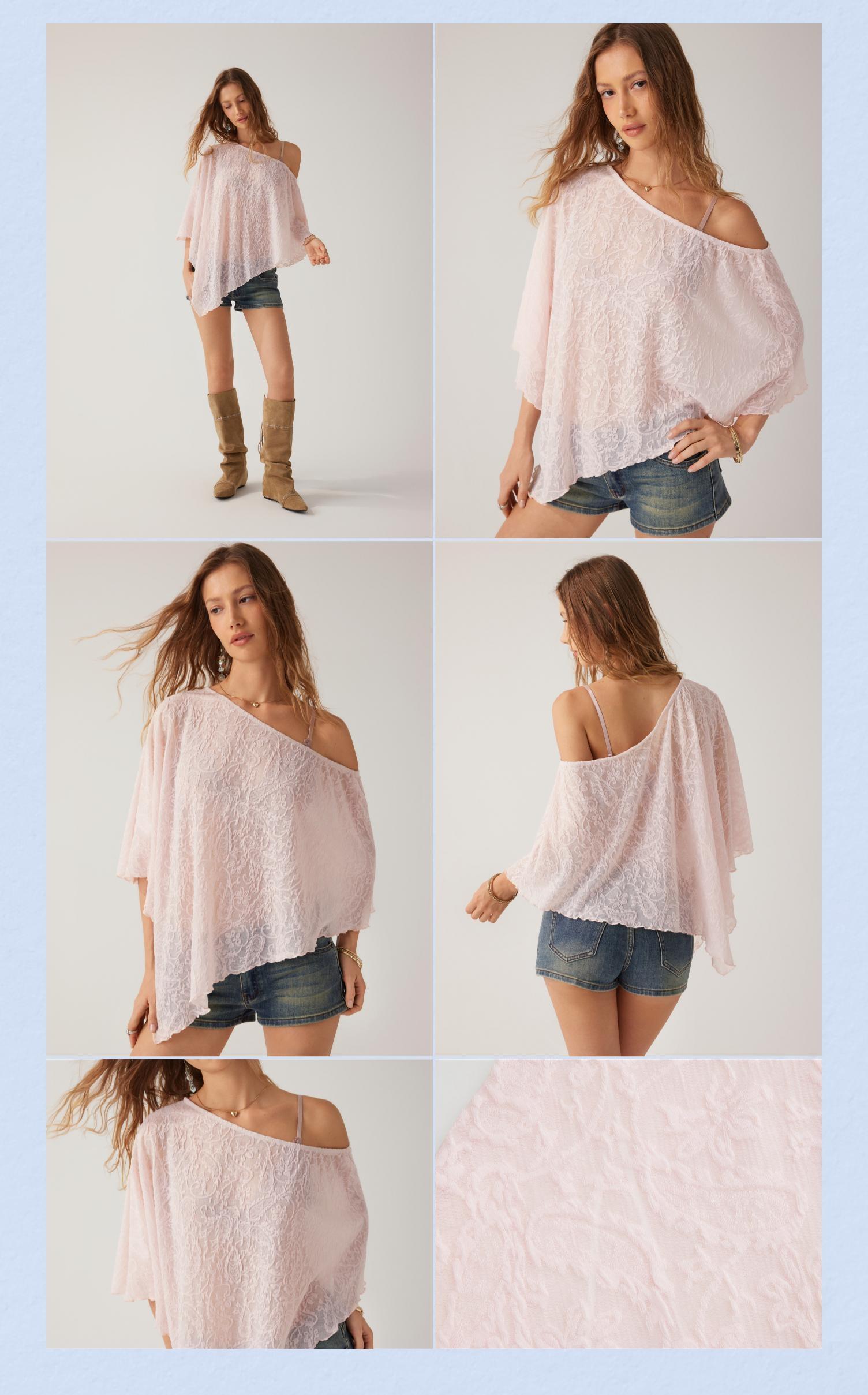 Cider Poncho Top – Asymmetrical Hem Sheer Chiffon Textured Boho Sexy Women's Daily Casual Beach Cover-up, Summer Oversized Loose Fit One Shoulder Blouse SohoChic