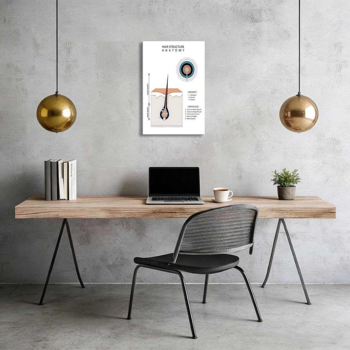 Hair type guide canvas art, wooden framed wall decoration, featuring hair growth cycle charts, damaged hair condition charts, hair anatomy diagrams, and curly hair charts, suitable for hair salon decoration.