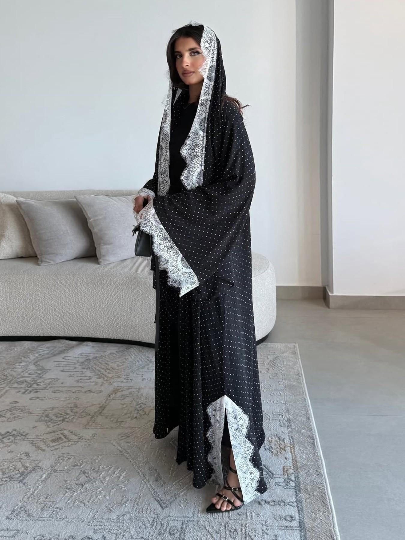 New Muslim Women's Long Robe, Loose Fit, Includes Headscarf, Polka Dot, Lace Design, Split, Two-Piece Set, Casual Daily Wear, Elegant Islamic Clothing, Abaya Hijab Set, Islamic Modesty Clothes
